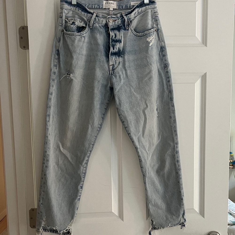 Frame Denim High Rise Distressed Jeans in Light Blue